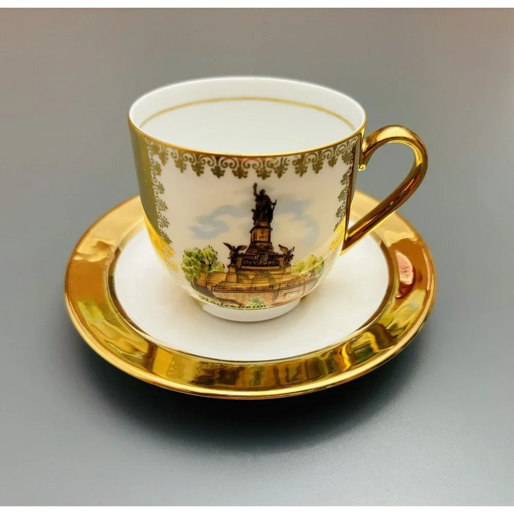 Vintage Arzberg Tea Cup Bavaria Germany Small Size Topographical Gold + Saucer